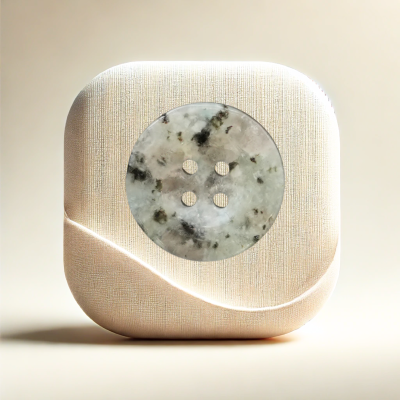 white marble gemstone button with black veining, four-hole design, and polished finish