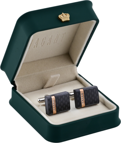 Black cufflinks with rose gold and crystal detail in velvet box.