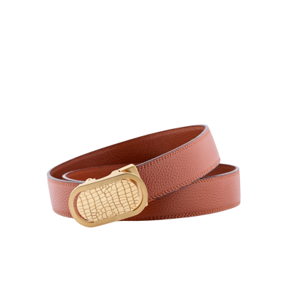 Men’s tan leather belt with a gold crocodile-patterned buckle.