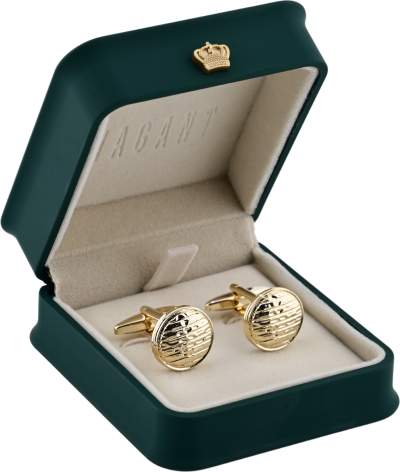 Round engraved gold cufflinks in green velvet box by AGANT