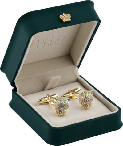 VAGANT gold cufflinks shaped like panther heads with crystals in velvet box