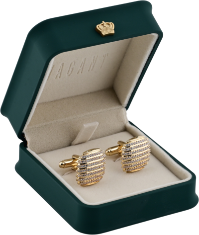 Men’s gold cufflinks with crystal stripes in green VAGANT box.