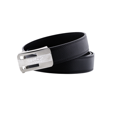 Men’s black leather belt with a silver crocodile-patterned buckle.