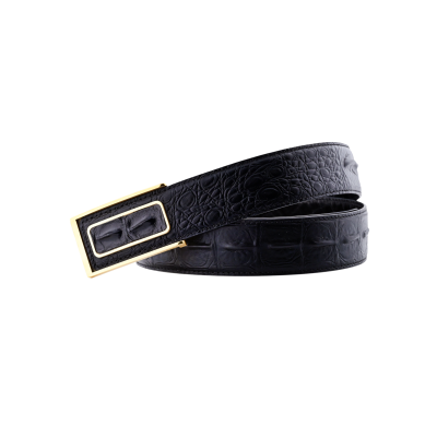 Men’s black leather belt with a gold-tone buckle, featuring a crocodile pattern