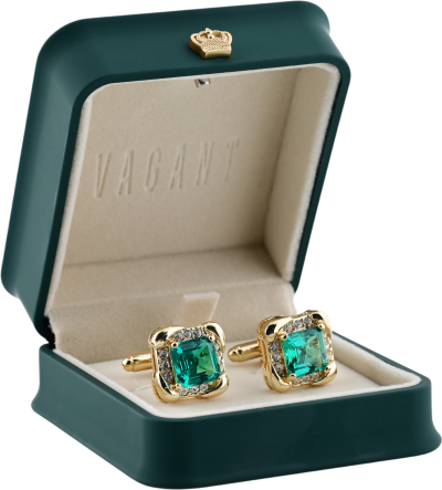Emerald green stone cufflinks in gold with crystals in VAGANT velvet box.