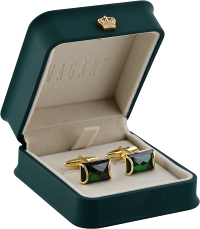Men’s cufflinks with rectangular green gemstone in gold setting, VAGANT box