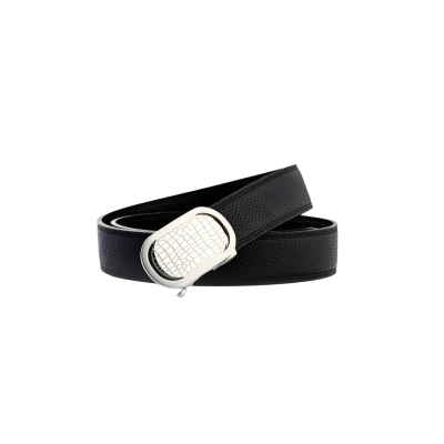Men’s black belt with a silver crocodile-patterned buckle.