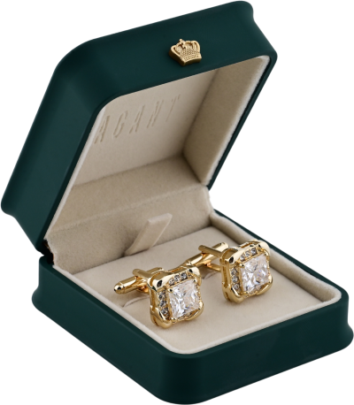 White cufflinks with square clear stone and gold frame in green VAGANT box