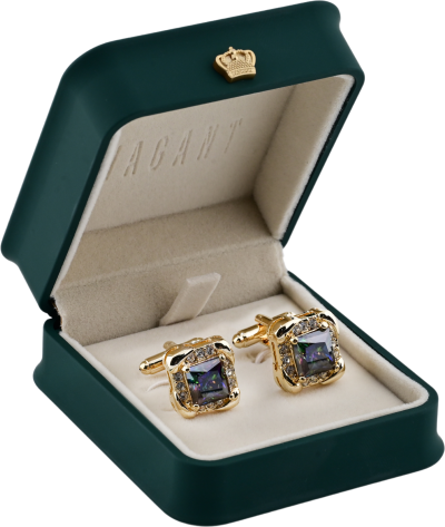 Gold cufflinks for men with iridescent gemstone and crystal border in VAGANT box.