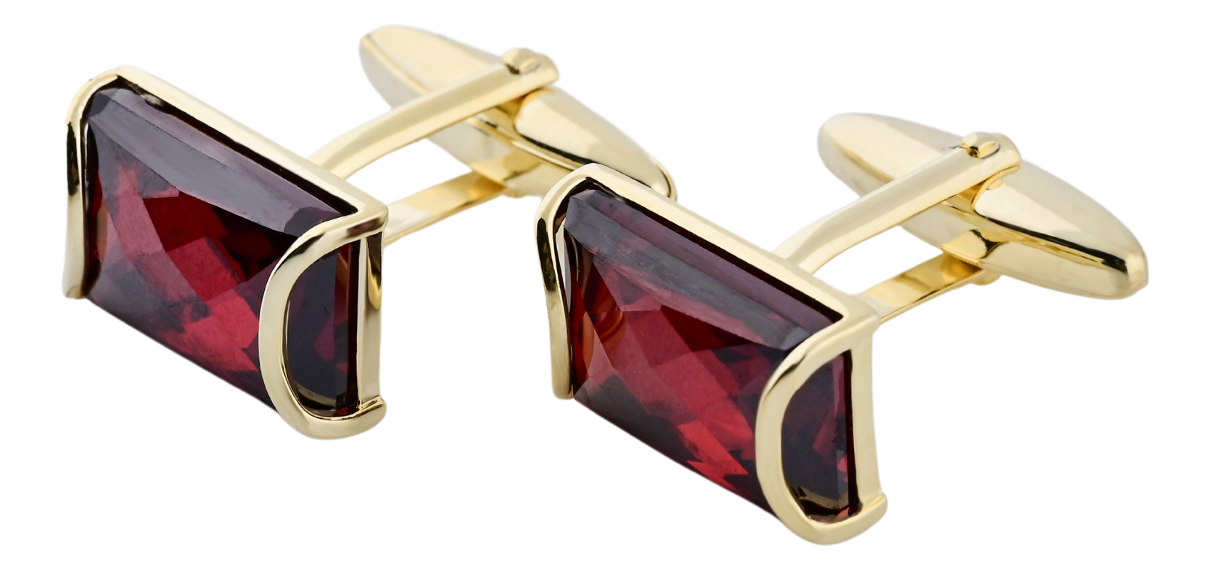 Luxury cufflinks featuring red gemstones set in a polished gold frame, perfect for formal occasions.