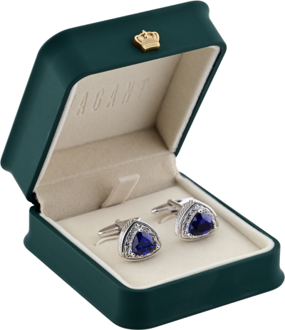 Blue cufflinks with triangular stone and silver setting in VAGANT velvet box