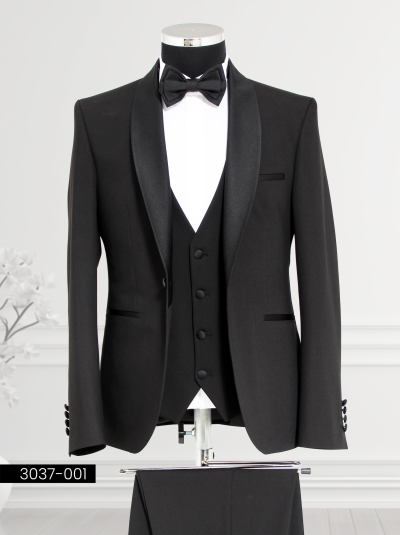 A classic black tuxedo with a satin lapel, single-breasted waistcoat, and tailored trousers for refined elegance.