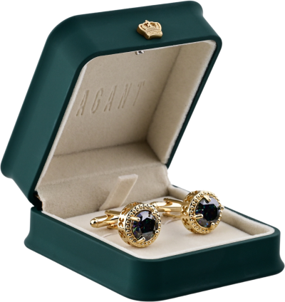Round stone gold cufflinks with beaded detail, shown in green VAGANT velvet box with beige interior.