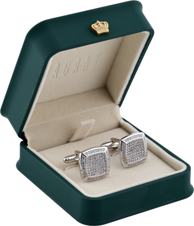 Luxury men's diamond cufflinks in a polished silver-tone frame, sparkling diamonds set in a square design.