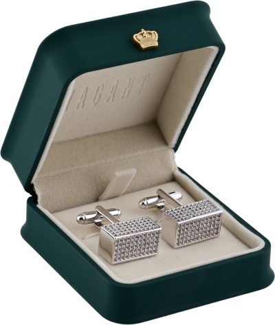 Sleek rectangular men's diamond cufflinks in a polished silver-tone frame with a sparkling pave setting, ideal for formal wear.