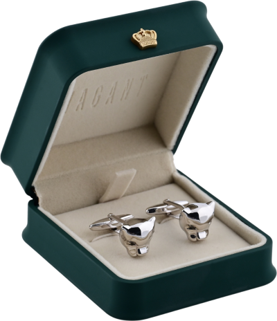 Fox head cufflinks in a green velvet box with a gold crown emblem, perfect for formal occasions.