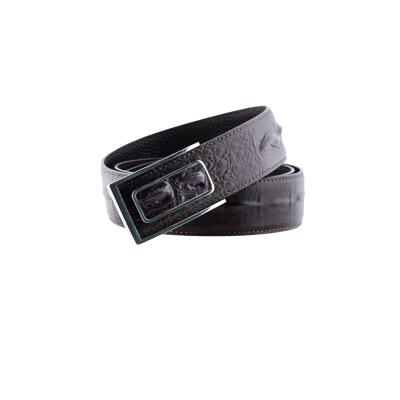 Men’s brown leather belt with a silver-tone buckle, featuring a crocodile pattern.