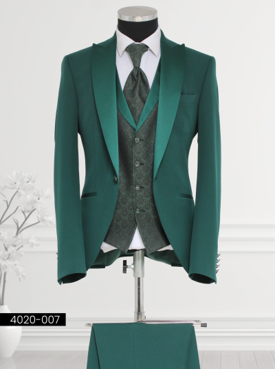 Luxury Green Suit featuring a satin shawl lapel, single-breasted waistcoat, tailored trousers, and a coordination satin cravat displayed on a mannequin