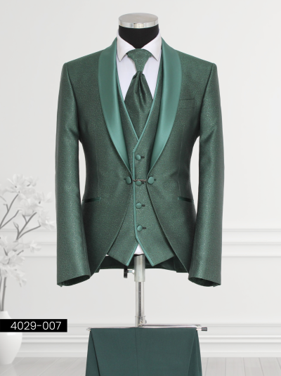 Forest Green Suit featuring a satin shawl lapel, double-breasted patterned waistcoat, tailored trousers, and satin cravat displayed on a mannequin