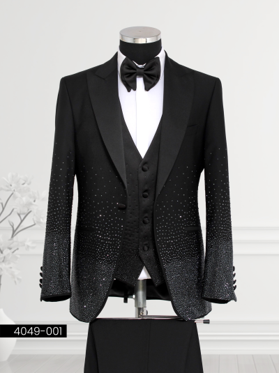 Luxurious Black Suit featuring satin lapels, gradient crystal embellishments, a sleek waistcoat, and tailored trousers displayed on a mannequin