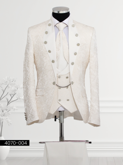 Ivory Brocade Tuxedo with Satin Lapel and Double-Breasted Waistcoat