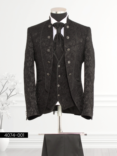 Luxurious Black Brocade Suit with Mandarin Collar featuring a satin shawl lapel, double-breasted black patterned waistcoat, tailored trousers, and satin cravat displayed on a mannequin