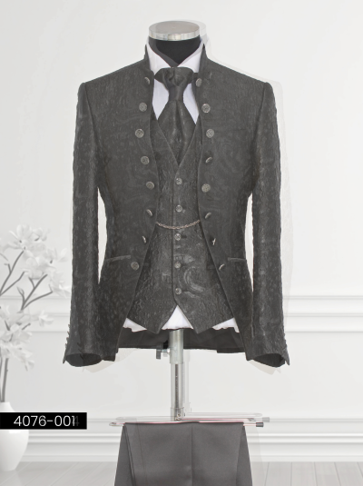 Black Jacquard Men’s Suit with High-Collar Jacket and Waistcoat