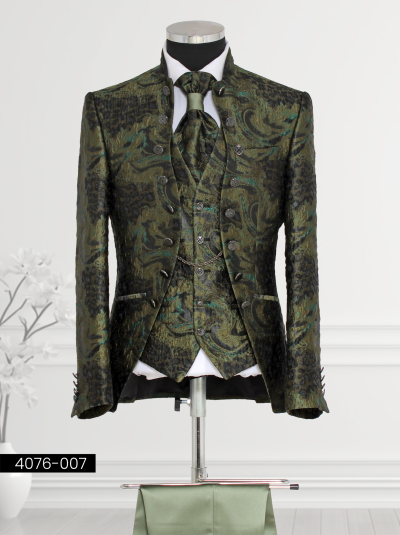 Green and Black Jacquard Men’s Suit featuring High-Collar Jacket and Waistcoat