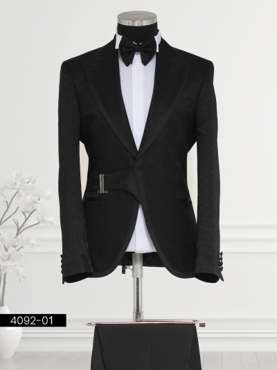 Black Jacquard Suit for men with Satin Lapel and Bow Tie