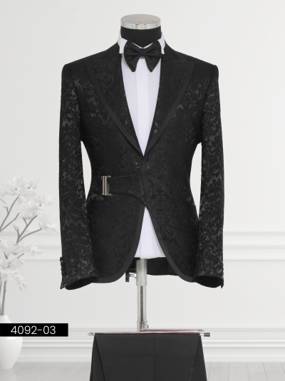 Black Jacquard Tuxedo with Satin Lapel and Side Buckle Design