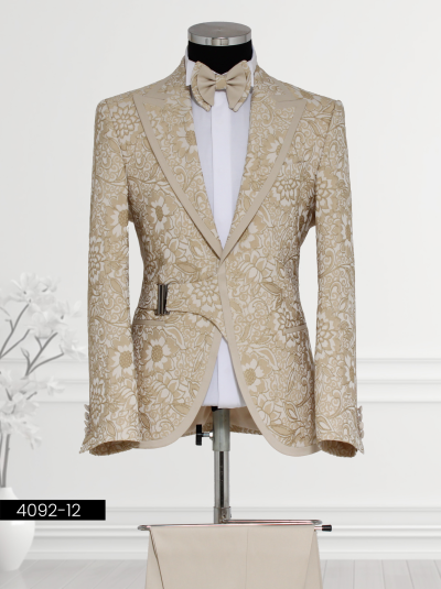 Vagant's Beige Jacquard Men’s Suit with Floral Patterns and Satin Lapel