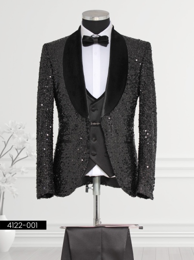 Black sequin tuxedo with velvet lapel, sequin fabric, and tailored fit for formal events.