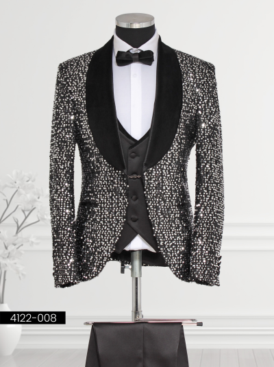 Silver sequin tuxedo with black velvet lapel, stylish and tailored fit.