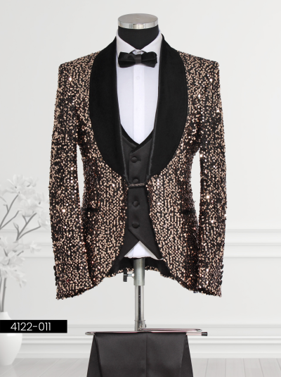 Rose gold tuxedo with sequin fabric and velvet lapel for formal events.