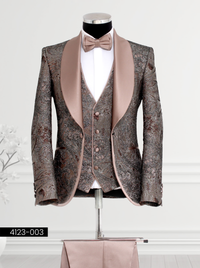 Bronze tuxedo with brocade floral patterns and rose gold satin lapel design for formal events.