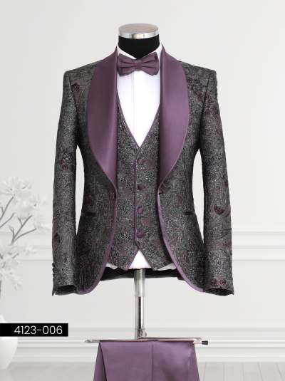 Black and purple suit with embroidery and satin lapel for weddings or special events.