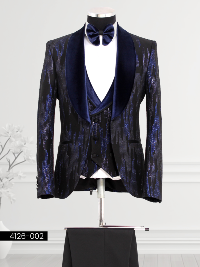 Black and royal blue tuxedo with sequin fabric and velvet lapel for weddings or special events.