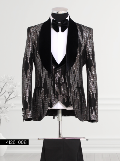 Black and silver tuxedo with shimmering sequins and velvet lapel for special occasions.