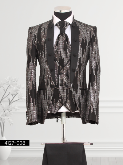 Silver and black tuxedo with sequin fabric and satin peak lapel for special events.