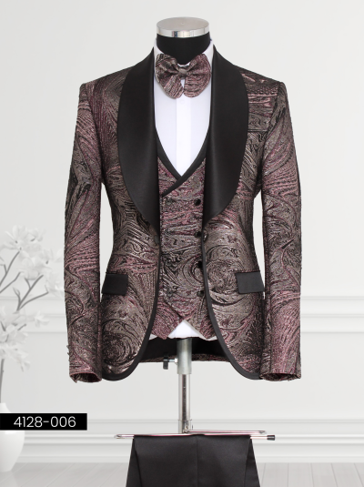 Burgundy tuxedo with swirl embroidery and satin lapel for weddings or formal events.