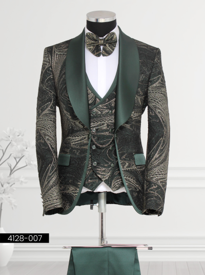 Emerald green tuxedo with brocade fabric and satin lapel for weddings or formal events.