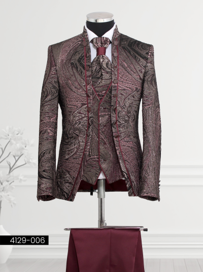 Burgundy brocade suit with textured patterns and mandarin collar for weddings or formal events.