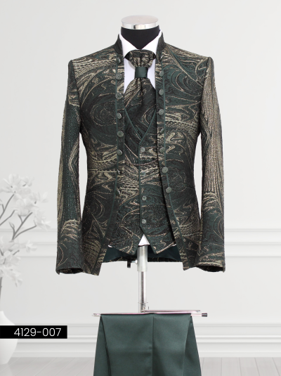 Green and gold suit with embroidered patterns and high-collared design for formal occasions.