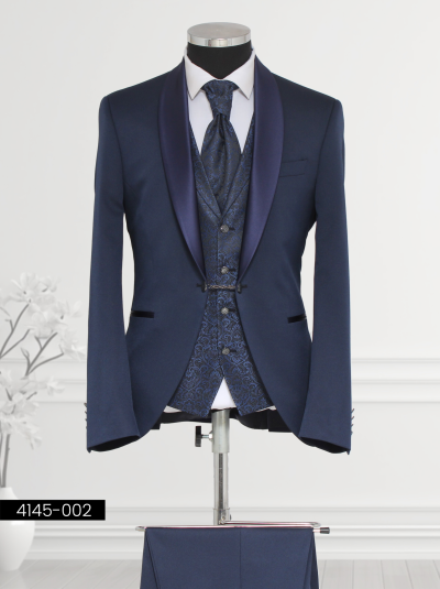 Navy blue tuxedo suit with satin lapel and paisley-patterned vest for formal events.