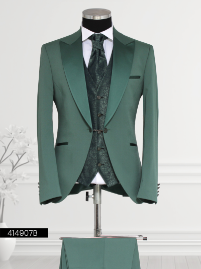Men’s emerald green suit with satin lapels, paisley waistcoat, and cravat-style tie