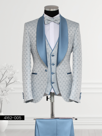 Sky blue tuxedo with silver brocade fabric and satin lapel for weddings or formal events.