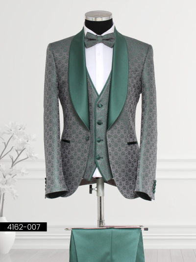 Green and Grey brocade tuxedo with satin lapel for weddings or formal events.