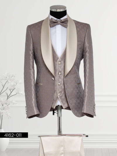 Men’s metallic taupe satin tuxedo with a matching vest and bow tie, ideal for formal events.