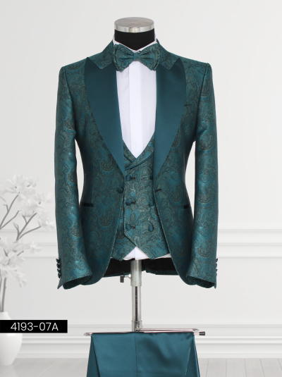 Men’s green paisley suit with satin lapels, paisley vest, and bow tie—perfect for formal events.