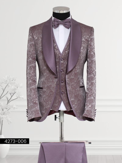 Men’s purple suit with satin lapels, paisley vest, and bow tie